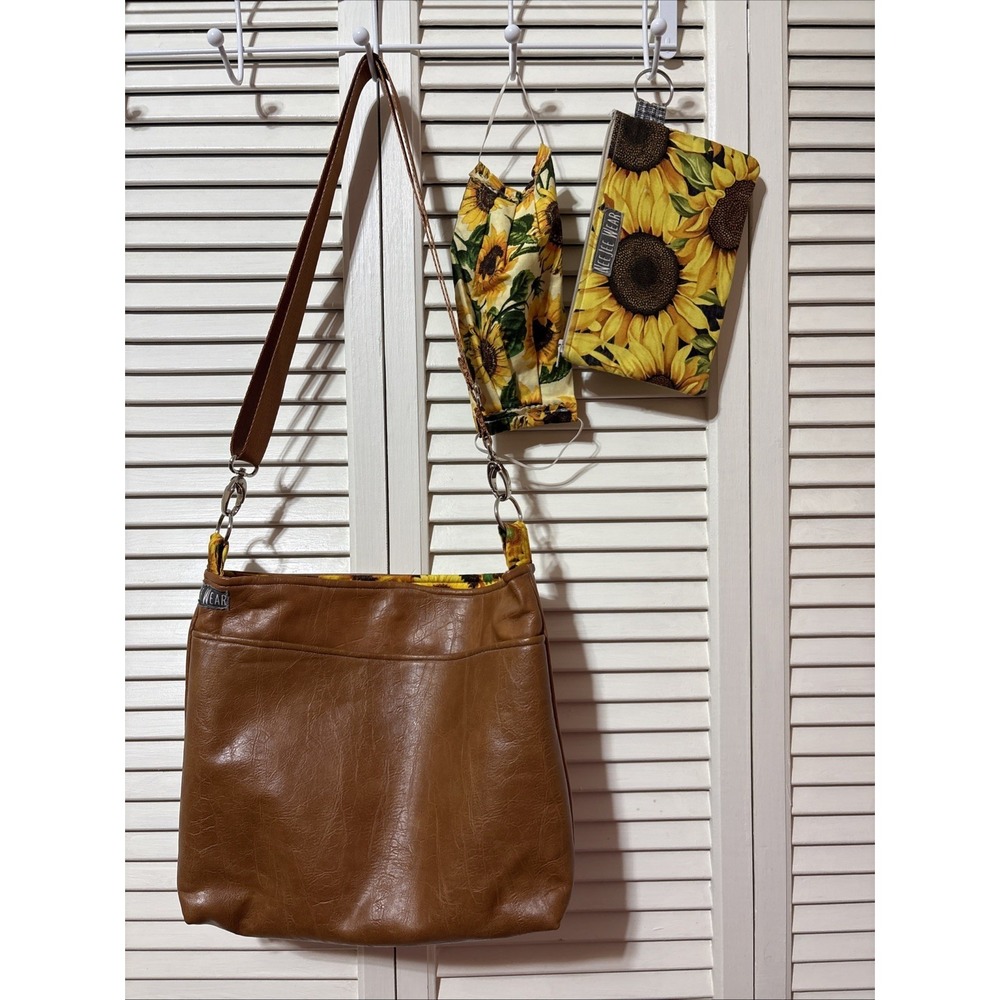 NeeJee Wear Crossbody Bag Purse Brown Sunflower Print Clutch Face Mask Handmade